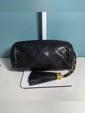 VINTAGE CHANEL Black Quilted Lambskin Barrel Pouch Cosmetic Case Clutch Tassel